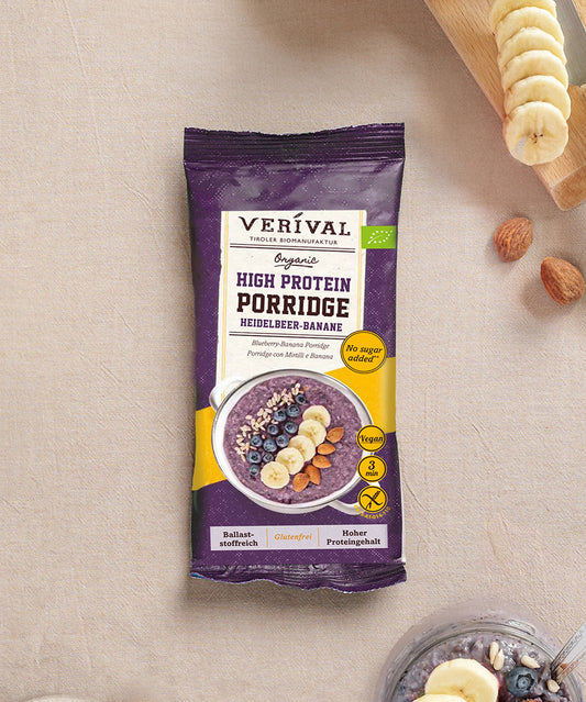 Die Protein-Probierbox Top 10 von Verival Bio enthält 10 verschiedene Einzelportionspackungen von proteinreichen Verival Frühstücksprodukten. 