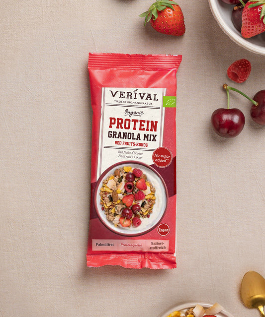 Die Protein-Probierbox Top 10 von Verival Bio enthält 10 verschiedene Einzelportionspackungen von proteinreichen Verival Frühstücksprodukten. 